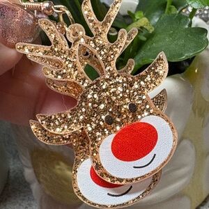 2/20 Glittery Gold Reindeer Earrings for Christmas fun